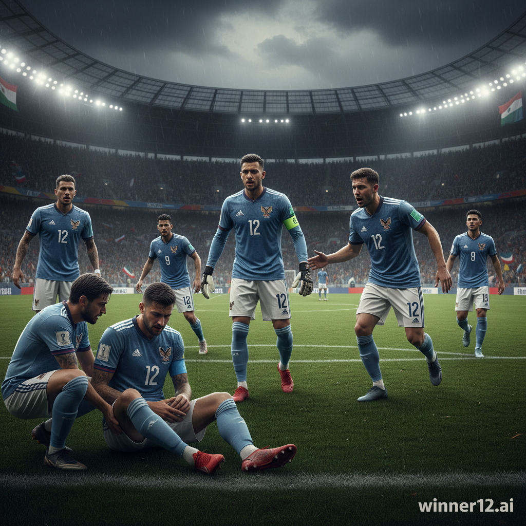 Alt text: Realistic poster of a national soccer team’s defensive lineup dynamically adjusting after key player Konaté’s injury, showcasing intense expressions and strategic positioning on the pitch with authentic gear and stadium setting, highlighting teamwork and resilience, featuring subtle “winner12.ai” branding in the corner.