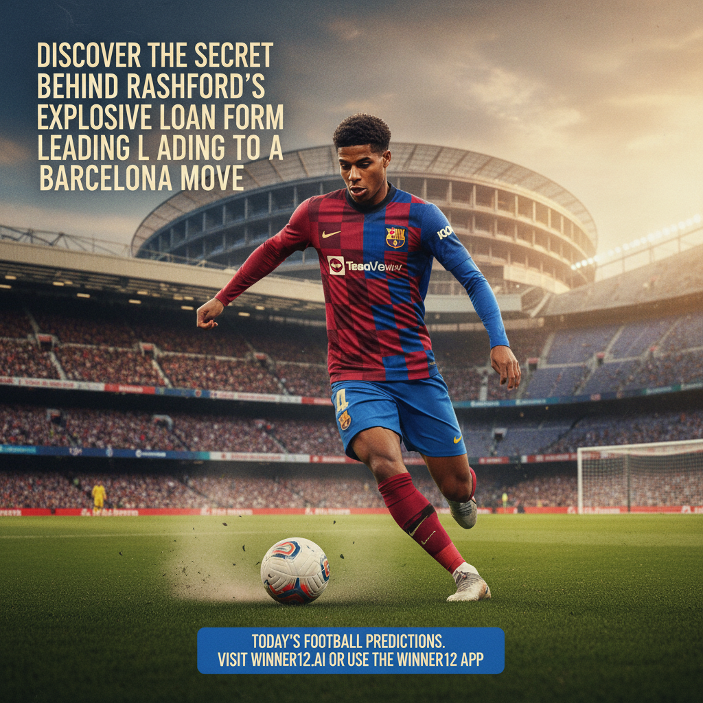 图片ALT文本：拉什福德身穿融合现俱乐部与巴塞罗那元素的足球战袍，在经典足球场上激烈比赛，背景隐约呈现巴塞罗那球场与球队颜色，展示其租借期爆发表现引发的潜在巴萨永久转会，图中配有“揭秘拉什福德爆发租借表现引爆巴塞罗那转会”文字及访问winner12.ai或使用winner12 APP获取今日足球预测的号召，整体风格写实动态，充满运动激情与专业感。