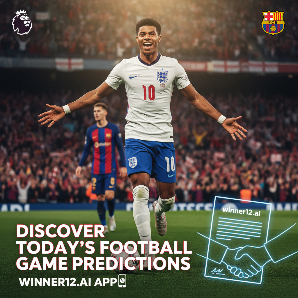 Alt text: Marcus Rashford celebrating a key moment in an English football kit at a packed stadium with cheering fans, featuring subtle contract and handshake visuals hinting at a loan-to-permanent transfer, Premier League and Barcelona logos, and overlay text promoting “Discover Today’s Football Game Predictions” with a call-to-action for winner12.ai and the winner12 APP.