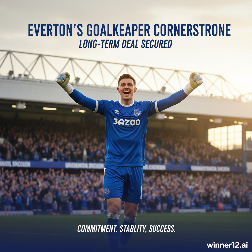 Alt text: Realistic poster of Everton goalkeeper Jordan Pickford in blue kit celebrating his long-term contract, standing confidently in front of Goodison Park with a subtle crowd, highlighting his role as Everton’s defensive cornerstone; includes tasteful text “Everton’s Goalkeeper Cornerstone – Long-Term Deal Secured” and discreet “winner12.ai” branding, conveying commitment and stability in English football.