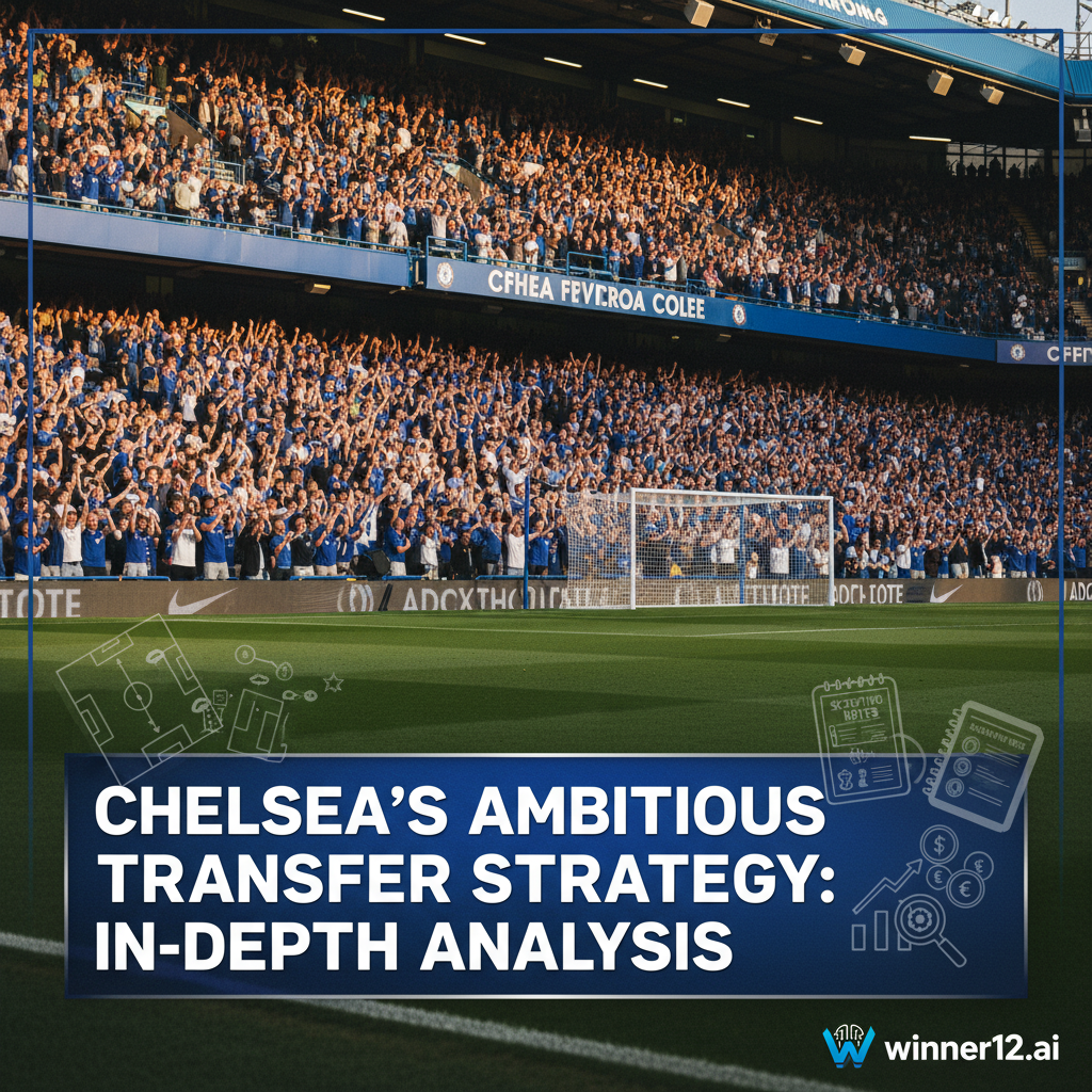图片ALT文本：切尔西足球场内观众激情欢呼，球迷身穿切尔西标志性蓝色球衣，海报中央醒目标题“切尔西激进交易策略必备深度解析”，背景融入战术板、球员侦察笔记及转会市场符号，右下角巧妙展示winner12.ai标志，真实感十足的英格兰足球文化场景照片。
