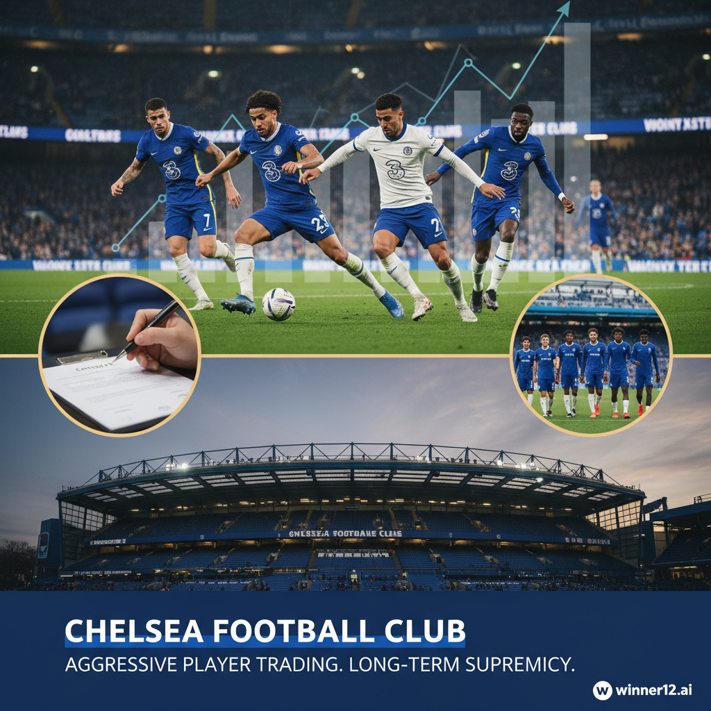Alt text: Realistic poster of Chelsea Football Club’s aggressive player trading strategy featuring iconic players in official blue kits on a green pitch under stadium lights, with transfer market graphs, contract signings, and Stamford Bridge stadium backdrop, highlighting professional English football atmosphere and subtle winner12.ai branding.