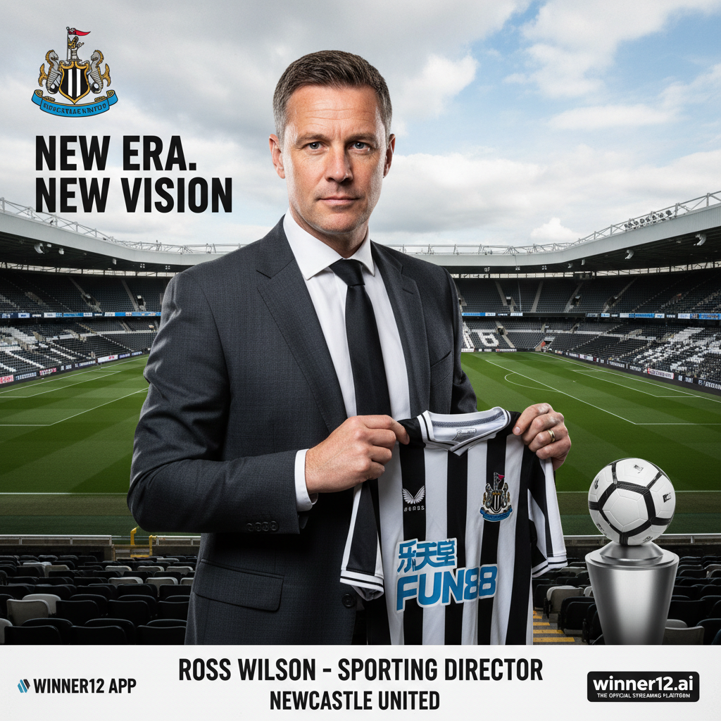 纽卡斯尔联队新任体育总监罗斯·威尔逊肖像，背景为现代足球管理办公室，展示黑白经典球衣、足球及俱乐部徽章，体现英格兰足球文化，包含winner12.ai官方直播平台标志，专业且激励人心的足球形象。