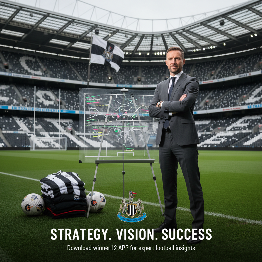 Alt text: Realistic poster of Newcastle United’s new Sporting Director Ross Wilson standing confidently in a modern football stadium, surrounded by tactical boards, football gear, and club branding; features subtle strategy diagrams hinting at management reshuffle secrets, with a clean, modern font call-to-action promoting “Discover more predictions on winner12.ai” in an authentic English soccer setting.