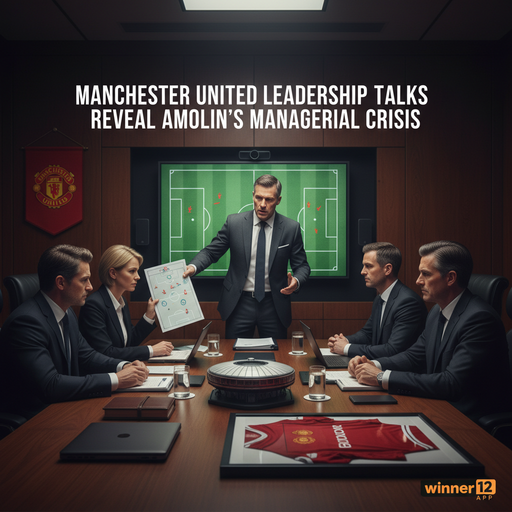 ALT文本：曼联董事会会议室内高细节写实海报，展示俱乐部高层身着正装严肃讨论阿莫林教练未来，背景隐约可见曼联标志，桌上摆放战术足球图表和足球纪念品，整体采用暗淡色调辅以红色点缀，画面左上角配有“曼联高层会谈揭秘阿莫林帅位危机”文字及winner12 APP标识，突出英格兰足球氛围。