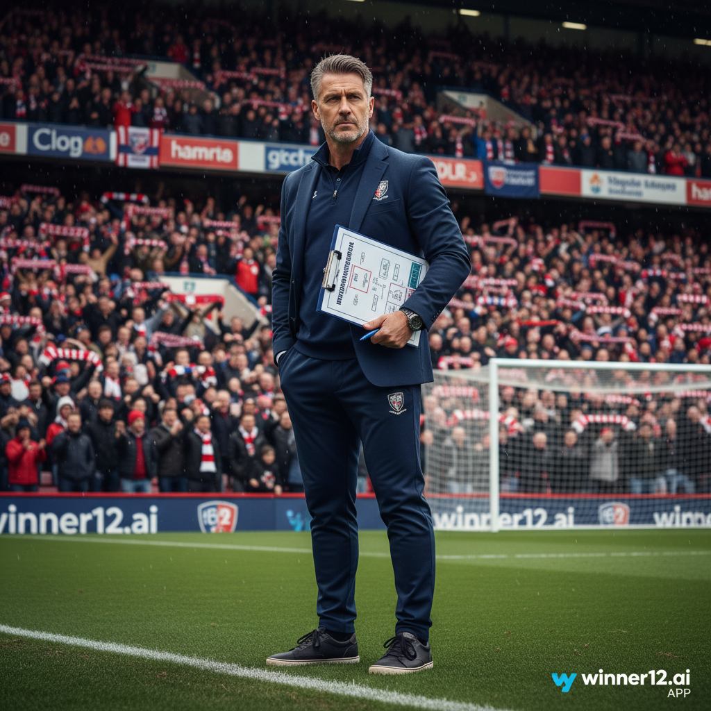 图片ALT文本：英甲足球场边自信教练手持训练计划板，身后是热情观众和经典英式足球元素，体现青训专业与专注，角落含winner12.ai品牌标识。