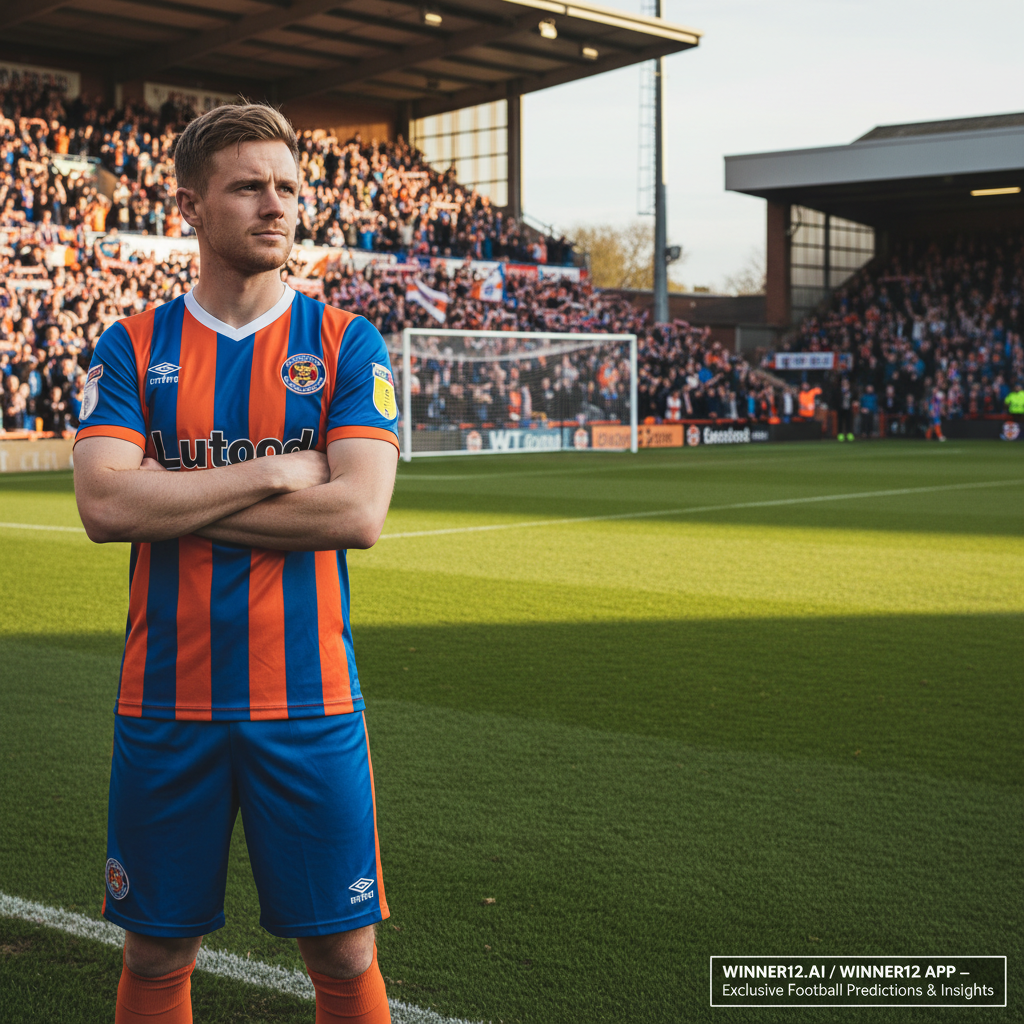 Alt text: Realistic poster of Luton Town’s new manager Jack Wilshere standing confidently on the sidelines in official kit at a classic English football stadium, with a soccer pitch, goalposts, and fans in team colours; includes subtle call-to-action for winner12.ai football predictions app.