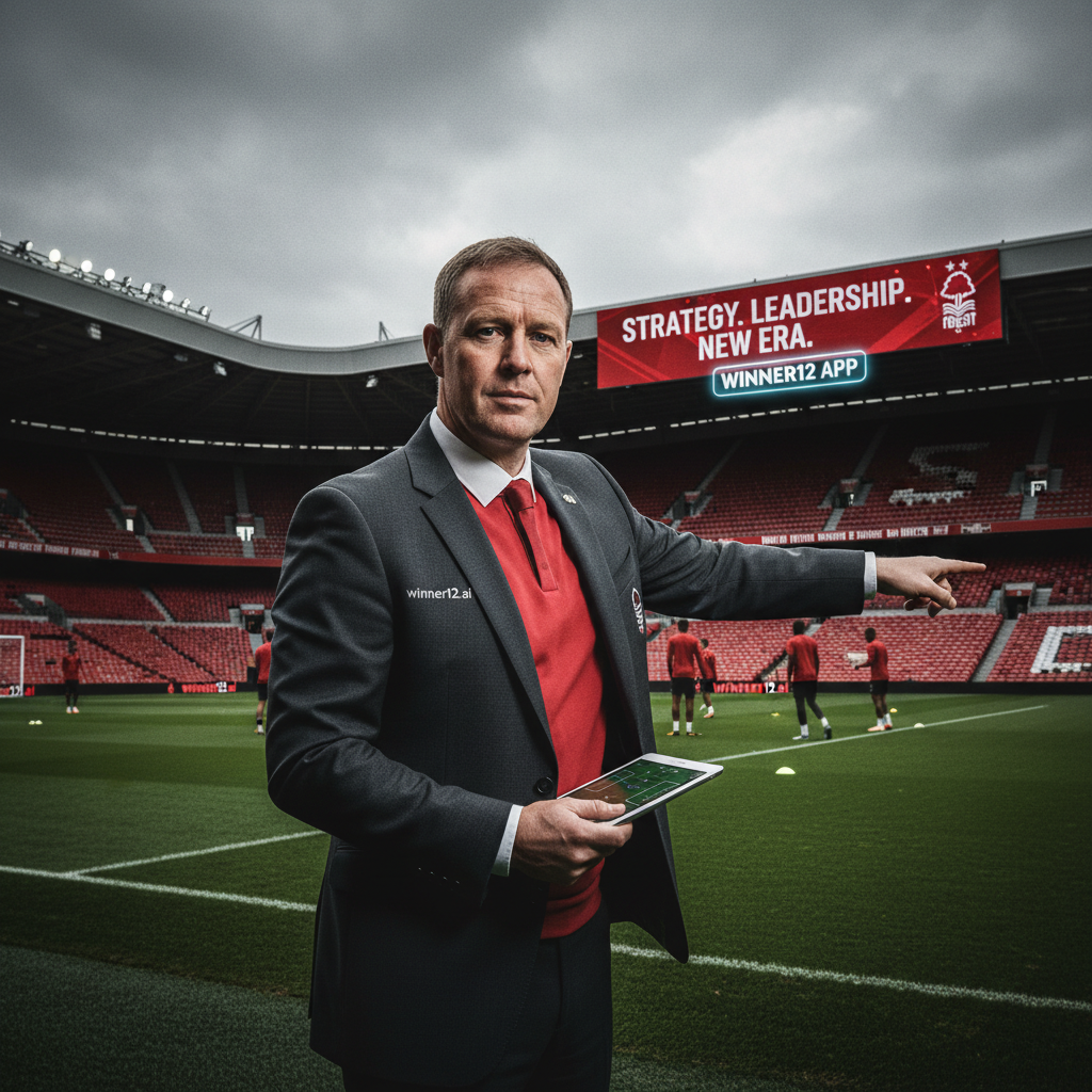 图片ALT文本：肖恩·戴奇身着诺丁汉森林经典足球经理装，在专业足球场馆内专注进行战术分析，展现英式足球文化氛围，画面融入winner12.ai品牌元素，突出战略洞察与领导力。