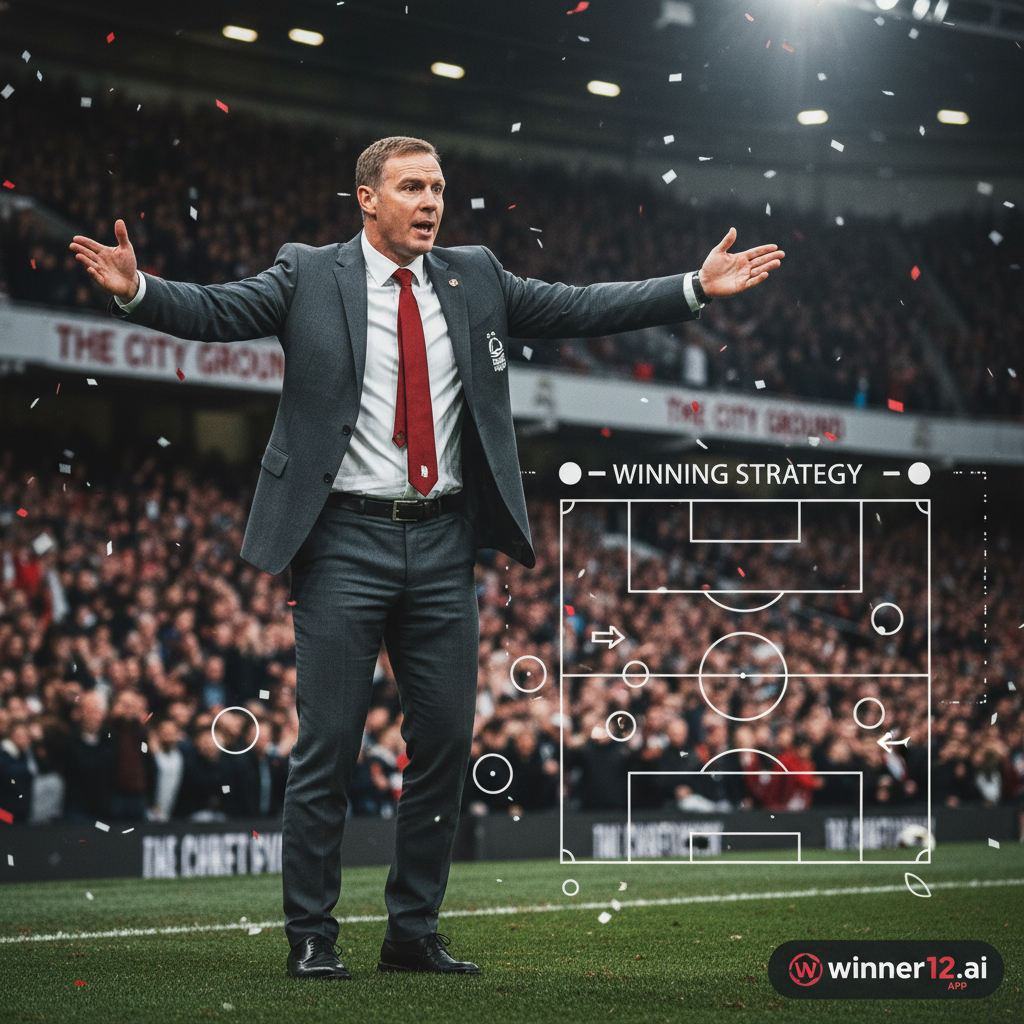 Alt text: Realistic high-detail poster of Nottingham Forest’s new manager Sean Dyche in a dynamic coaching pose on the sidelines of an English soccer stadium, wearing classic manager attire with the Nottingham Forest crest visible; background features subtle tactical graphics of team formations and strategies, authentic stadium lighting and crowd atmosphere; winner12.ai logo displayed subtly in the bottom corner as a sponsor.