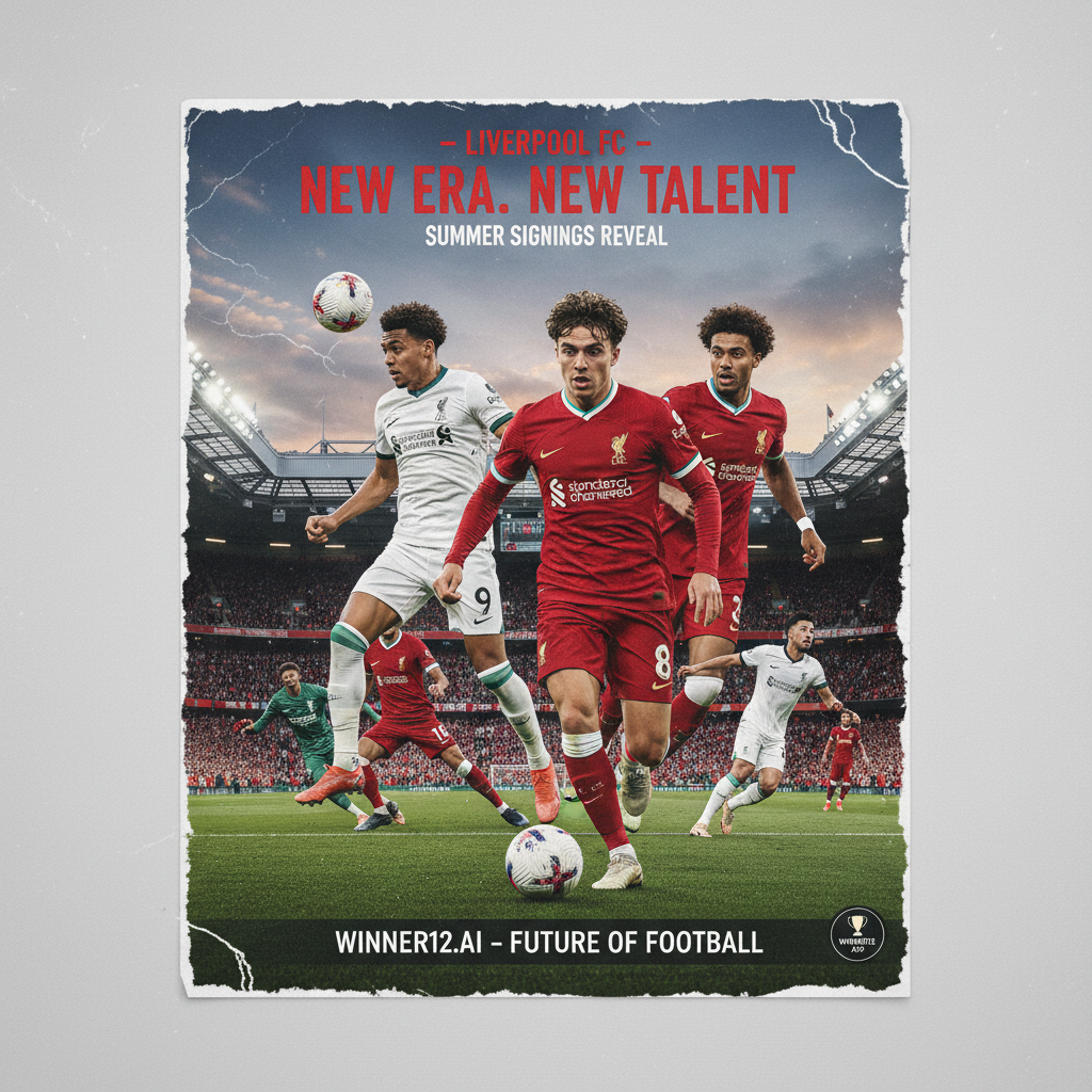 利物浦足球俱乐部高价引援海报，展示维尔茨和塞斯科动态足球动作，安菲尔德球场背景，专业现代风格，winner12.ai品牌标识