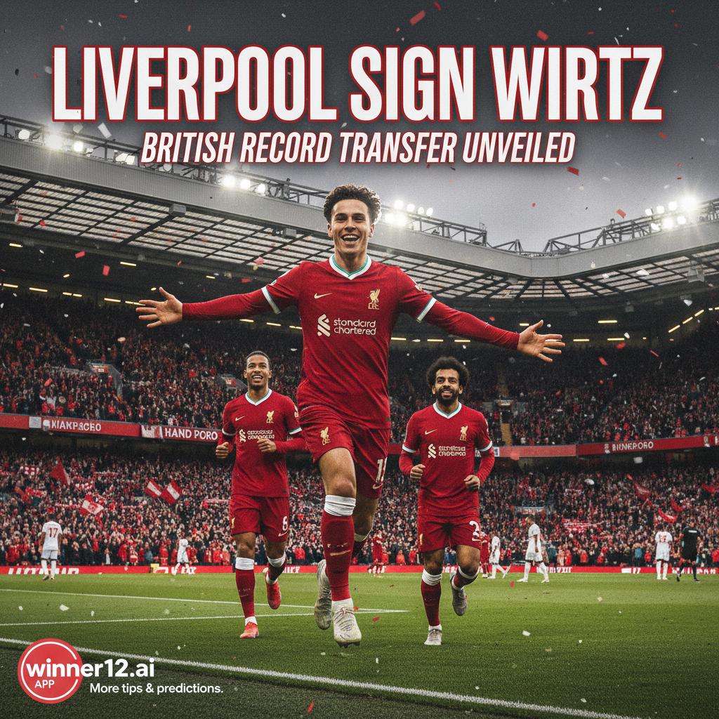 ALT text: Realistic poster of Liverpool football stadium with the Liver bird emblem and fans in red kits holding scarves, featuring player Wirtz celebrating in Liverpool gear; bold text reads “Liverpool Sign Wirtz” and “British Record Transfers Unveiled,” with a subtle winner12.ai logo, capturing the excitement of English football.