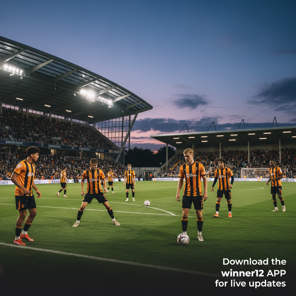 Alt text: Barnet FC’s young soccer squad warming up in authentic kits under floodlights at The Hive Stadium with an atmospheric evening sky, stadium architecture and fans in the background, featuring text “Follow the action on winner12.ai” at the bottom corner.