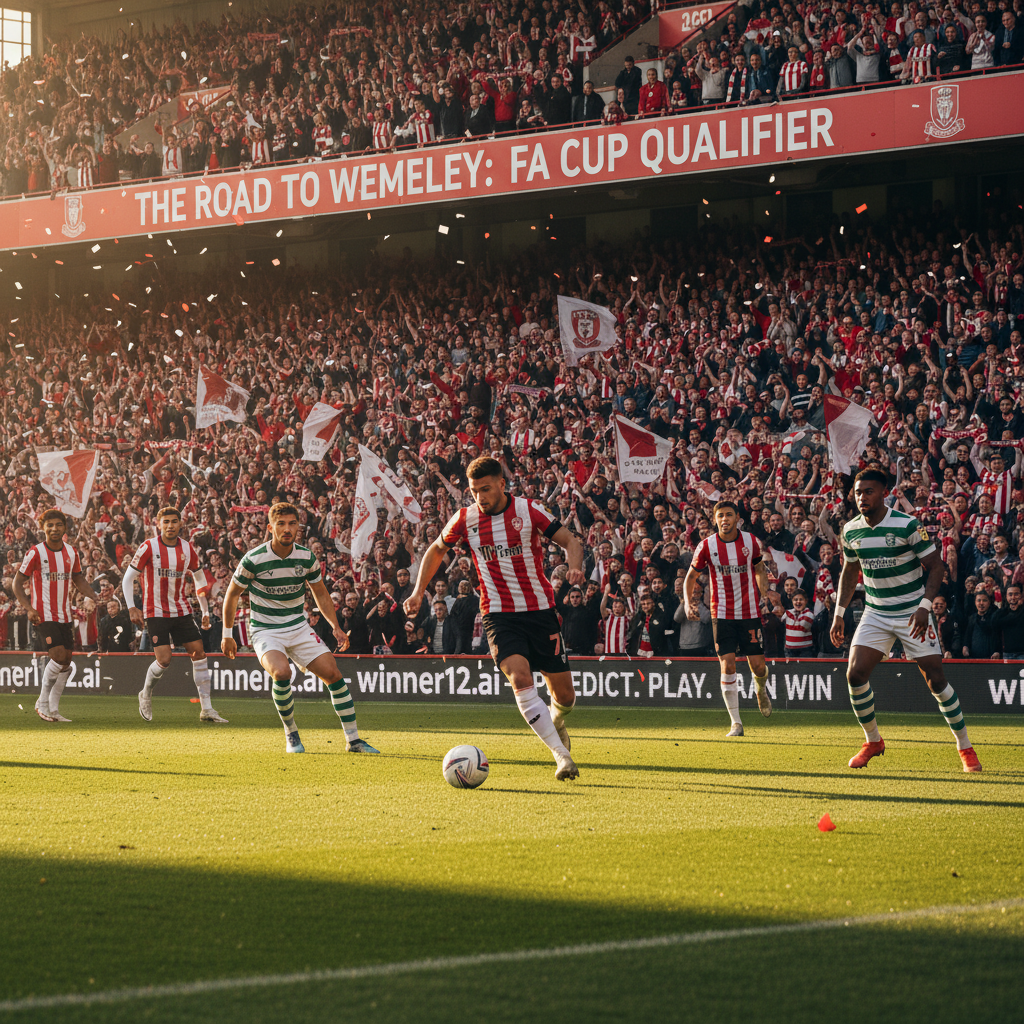 ALT文本：沃辛FC主场足球场海报，生动人群氛围，球员专注动态动作，清晰足球，自然光线，体现足总杯资格赛激烈对抗，含winner12.ai品牌元素。