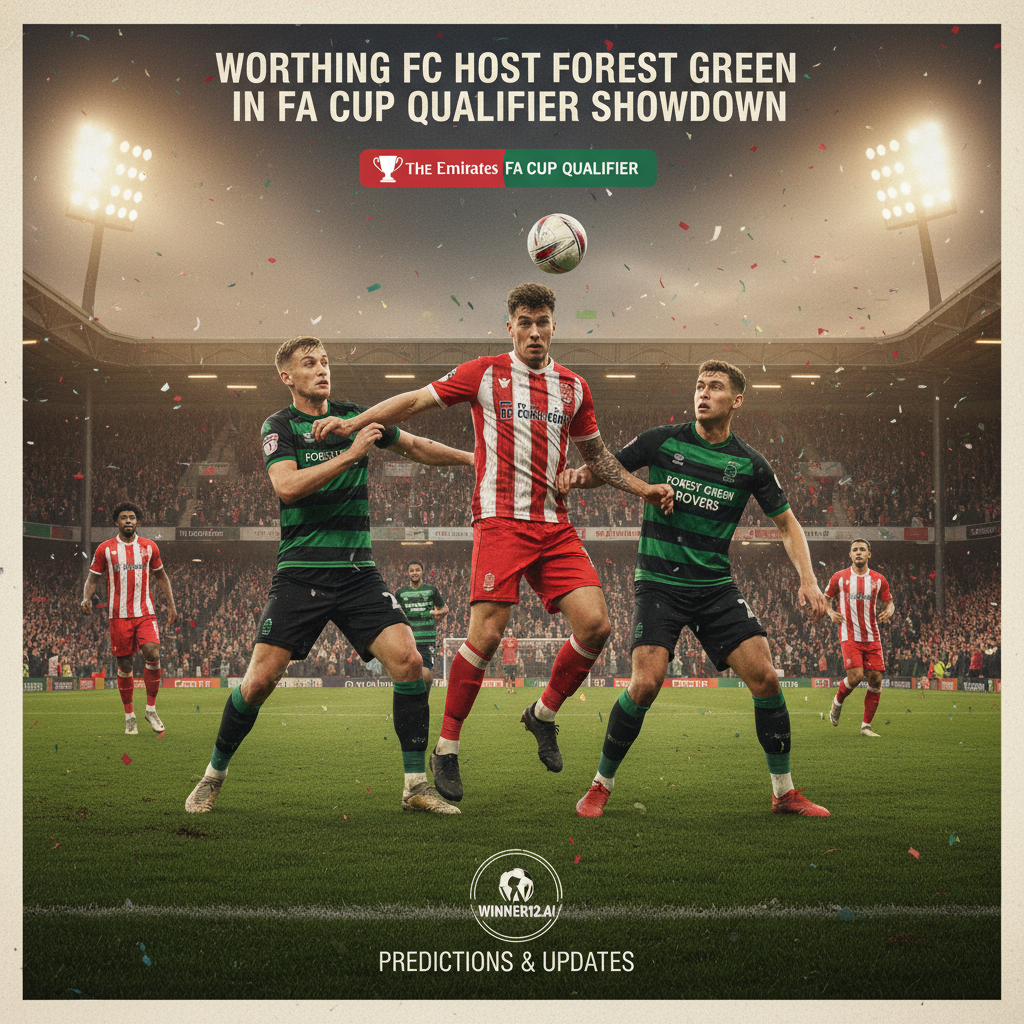 Alt text: Intense English football match between Worthing FC and Forest Green players on a vibrant green pitch under stadium floodlights, set in a classic English football stadium filled with cheering fans; poster includes authentic kits, FA Cup qualifier branding, the headline “Worthing FC Host Forest Green in FA Cup Qualifier Showdown,” and a call-to-action featuring the winner12.ai logo for predictions and updates.