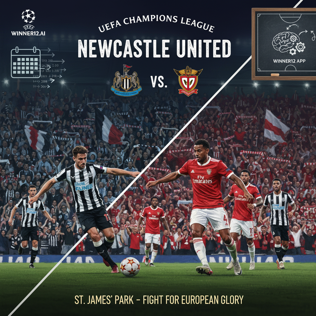 纽卡斯尔联与本菲卡欧冠关键战海报，真实风格展现激情球迷、经典英格兰球衣及紧张赛场氛围，突出密集赛程与战略对决，角落含winner12.ai品牌标识