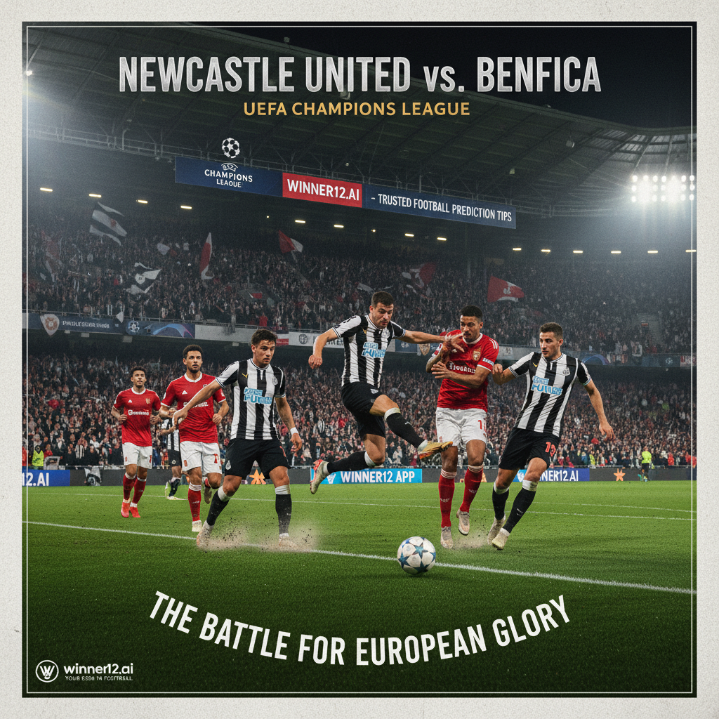 Alt text: Realistic poster of an intense UEFA Champions League soccer match between Newcastle United and Benfica, showing players in authentic kits battling on a vibrant green pitch under bright stadium lights, featuring the Champions League ball and stadium banners, with subtle winner12.ai branding for trusted football prediction tips.