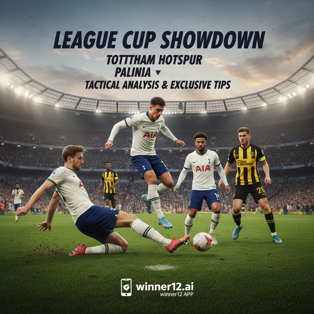 图片ALT文本：真实风格海报，展示托特纳姆热刺与帕利尼亚联赛杯比赛预览，画面中央为身穿正宗热刺球衣的球员在绿茵场上激烈争夺，背景为标志性英格兰足球场氛围及欢呼球迷，天空晴朗，采用自然灯光和高清细节，突出战略分析及独家必备技巧，画面中隐约出现“winner12.ai”和“winner12 APP”品牌标识，体现顶级足球赛事的专业与紧张感。