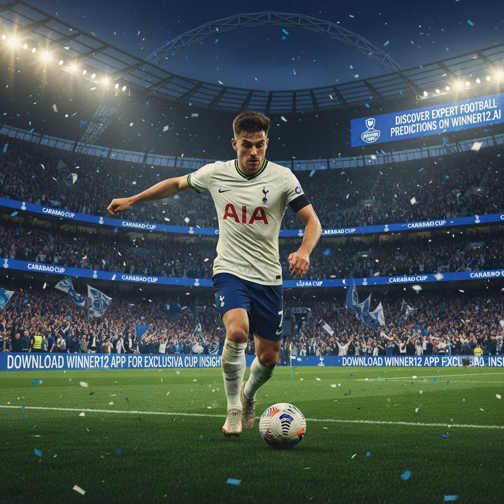 ALT text: Hyper-realistic poster of Tottenham Hotspur’s Palhinha in intense action during a Carabao Cup match, with authentic stadium lighting, vibrant crowd atmosphere, and subtle “Discover expert football predictions on winner12.ai” branding, capturing the excitement of English football culture.