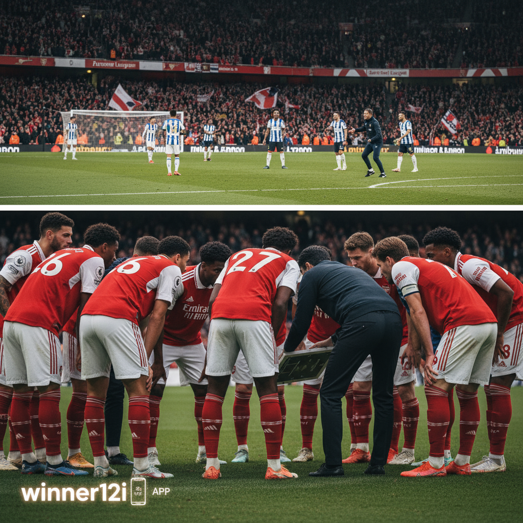 阿森纳球员战术准备场景，缺阵厄德高，布莱顿队战术重组，真实英超足球比赛氛围，球迷观战，winner12.ai品牌标识