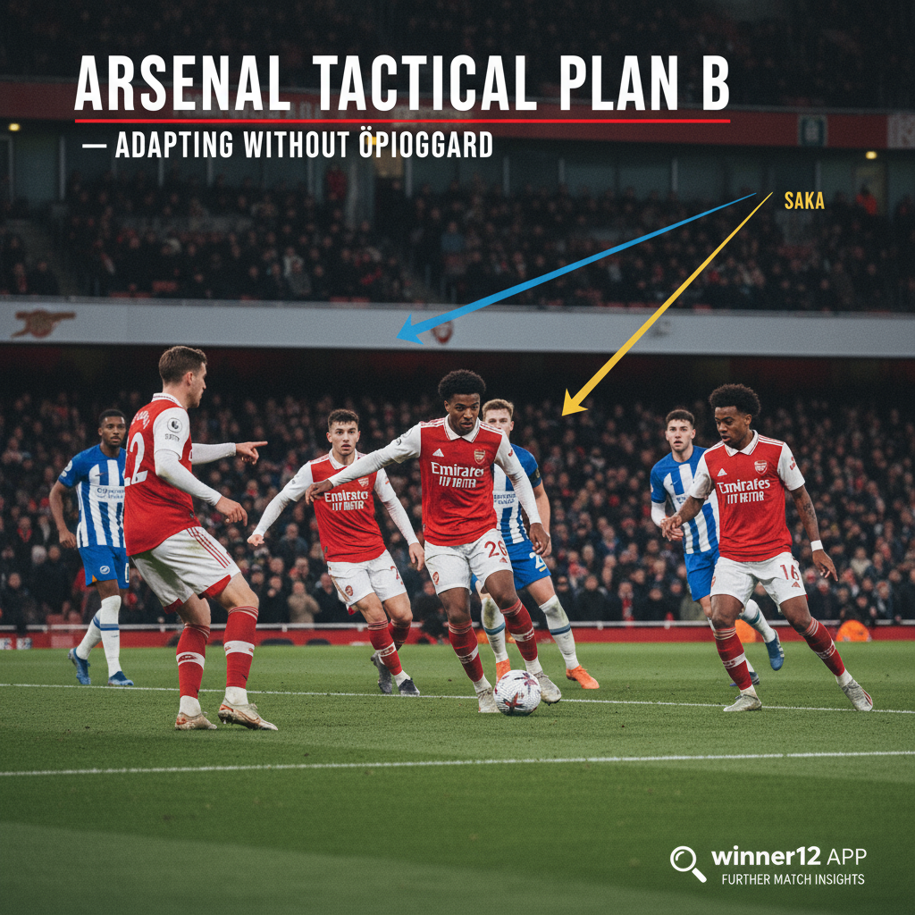 ALT text: Realistic and dynamic English Premier League poster showing Arsenal players in classic red and white kits executing their tactical Plan B strategy without Ødegaard on a lush green pitch, with subtle arrows illustrating alternative passing routes and player movements, set in a brightly lit stadium filled with cheering fans, featuring the text “Arsenal Tactical Plan B – Adapting Without Ødegaard” and a discreet winner12.ai reference for match insights.