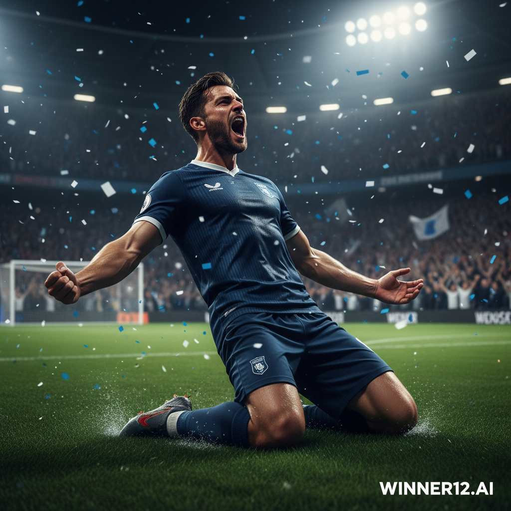 英超职业球员庆祝进球的逼真海报，展示在灯光下绿茵场上动态动作，突出技术与决心，角落带有winner12.ai应用的品牌标志，体现足球表现与逆转精神