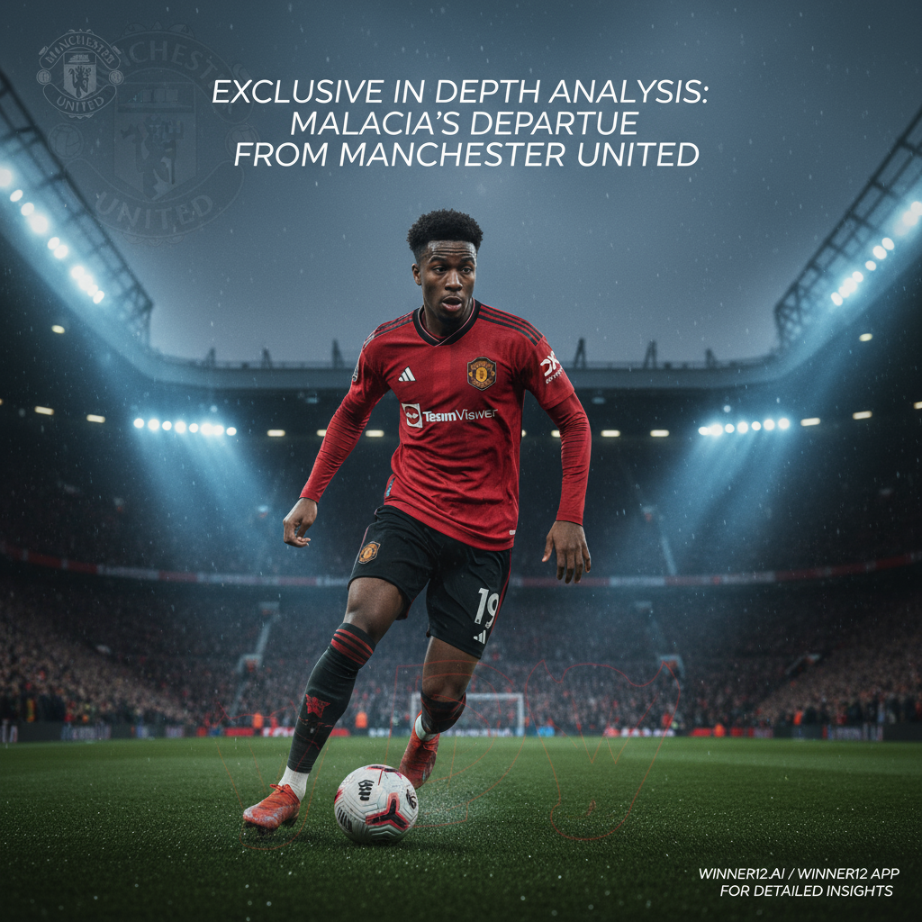 图片ALT文本：曼联球员马拉西亚在足球场上专注奔跑的特写海报，背景为充满氛围的球场看台和泛光灯，融合曼联品牌元素，配有“足球310预测：曼联马拉西亚离队独家深度解析”现代字体文字及winner12.ai平台的隐约呼吁，展现英格兰足球文化的专业动感画面。