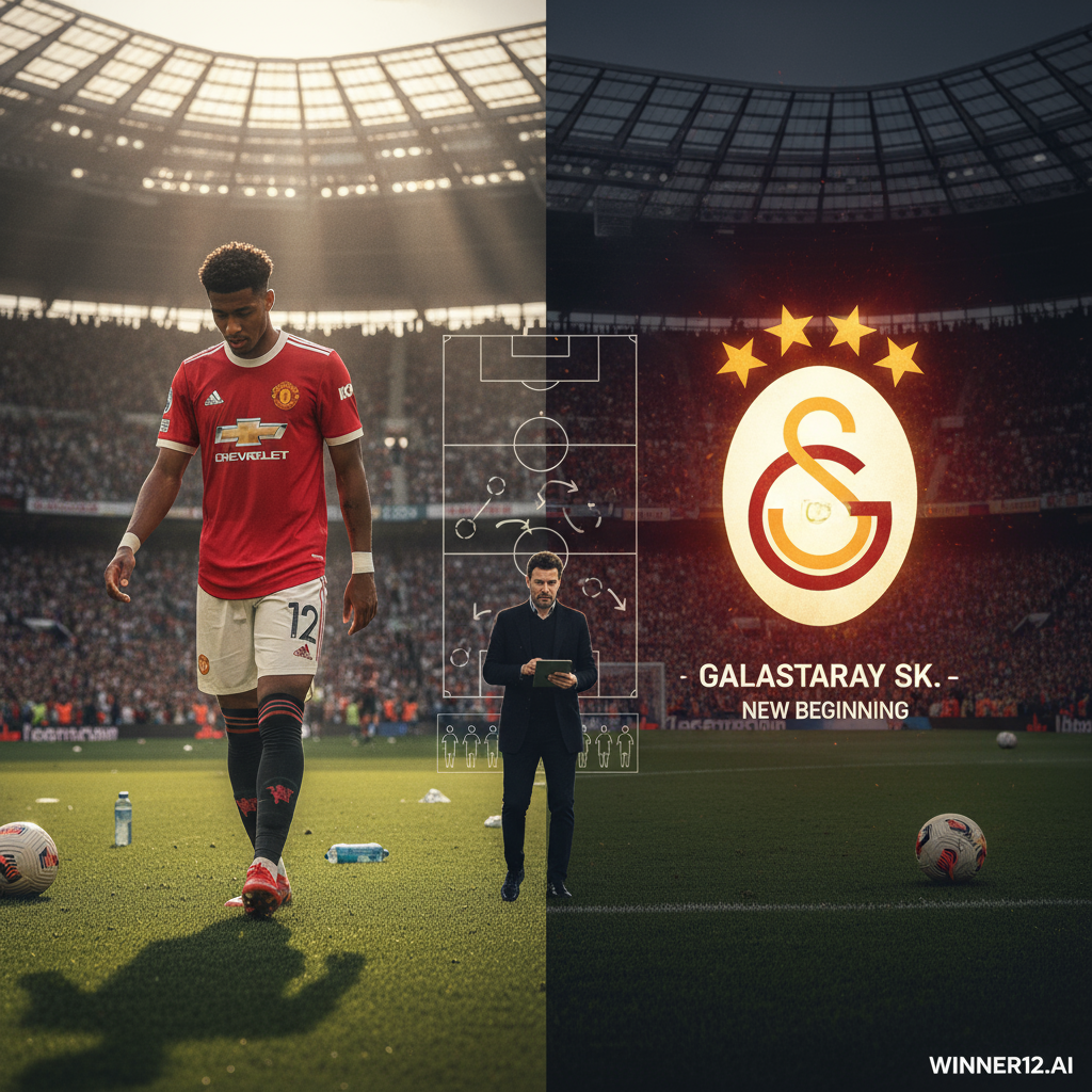Alt text: Realistic poster showing Manchester United’s Malacia walking off the pitch in full kit, symbolizing his exit, with a bright Galatasaray emblem representing their offer; subtle background features Amorim’s tactical squad planning inside a modern stadium under natural light, all with authentic football gear and a discreet winner12.ai logo.