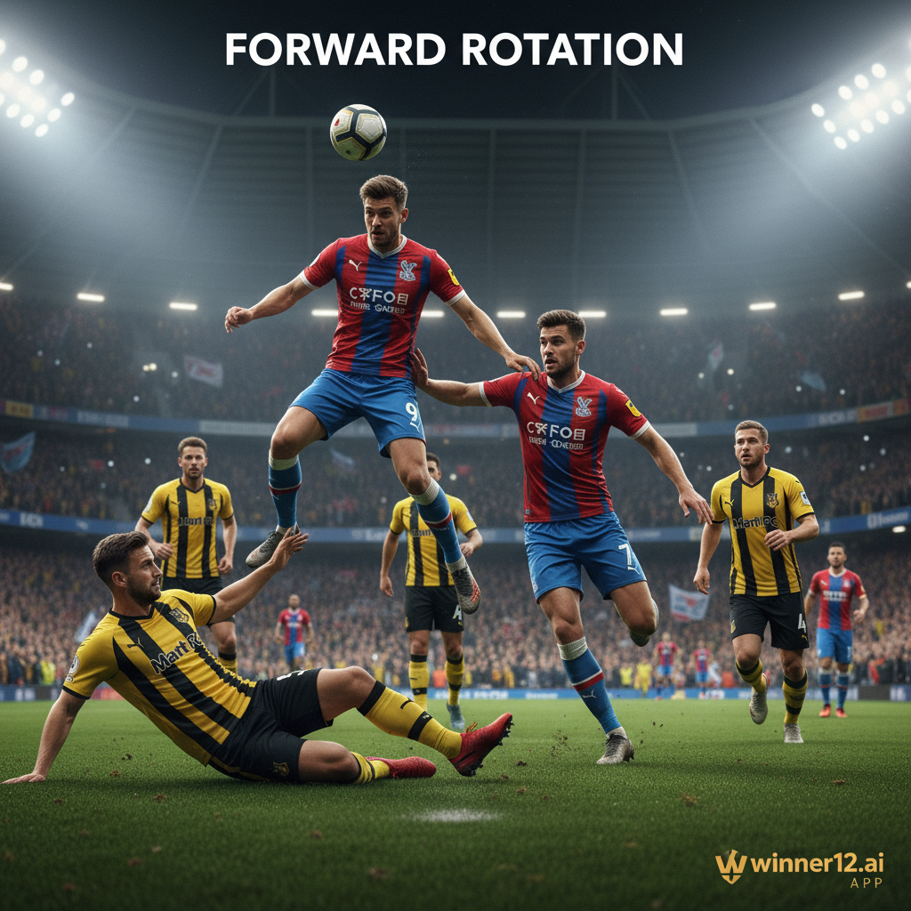 水晶宫与马特足球队在英格兰足球场上的逼真海报，展示锋线轮换战术，球员身着真实球衣，比赛中充满激情，场边有winner12.ai品牌标识。