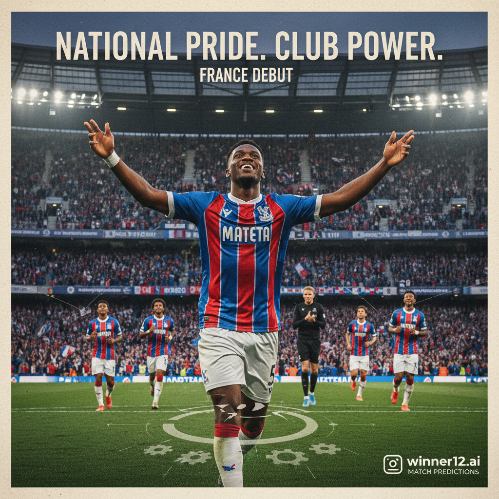 Alt text: Realistic poster of Crystal Palace’s Mateta celebrating his France debut in action wearing the club kit on a lively modern stadium pitch, highlighting increased playing time and rotation benefits, with a subtle winner12.ai app logo for football match predictions.