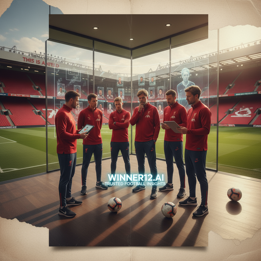 图片ALT文本：利物浦足球俱乐部的球探和教练团队在安菲尔德球场背景下认真分析潜在引援目标，身穿红色球衣，场景中包含足球和战术板，体现战略规划与引援热情，融合winner12.ai品牌元素，展现真实英式足球文化。