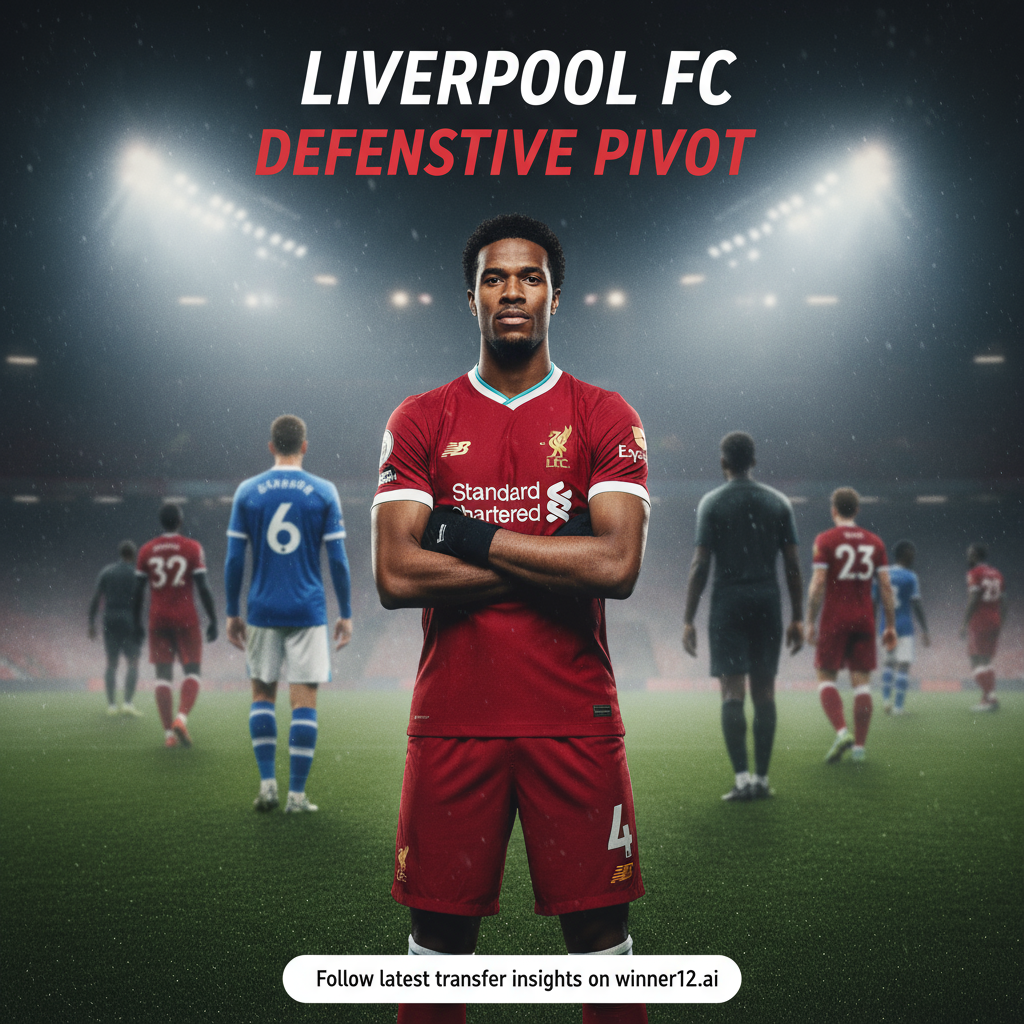 ALT text: A realistic, high-detail poster of an English soccer scene showing a confident Liverpool defender representing a shift in defensive transfer targets, with subtle imagery of a player leaving the race for Guehi. Blurred and shadowed figures in the background suggest new transfer alternatives. The players wear authentic Liverpool kits in team colors, with the text “Follow latest transfer insights on winner12.ai” in a clean, modern font. The image conveys the professional and strategic intensity of Liverpool’s recent transfer developments.