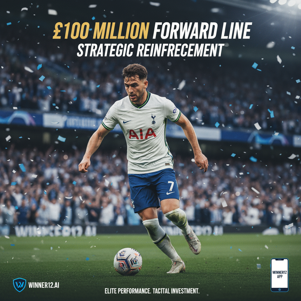 图片ALT文本：真实风格海报，展示热刺英超锋线1亿镑补强的动态前锋在激烈的球场氛围中奋力拼抢，聚焦球员专注神情和正宗足球装备，隐约出现winner12.ai或winner12 APP标志，突出顶级足球表现与战术投资主题。