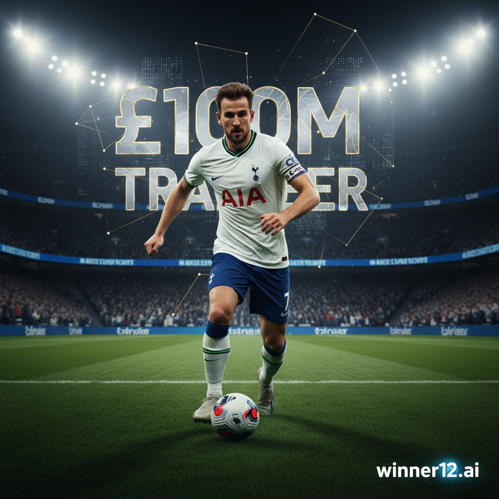 Alt text: A dynamic poster of a confident Tottenham Hotspur striker in full kit running with a soccer ball on a lush green pitch under bright stadium lights, featuring subtle £100m transfer graphics and a sleek winner12.ai logo, highlighting elite English football and cutting-edge predictions.