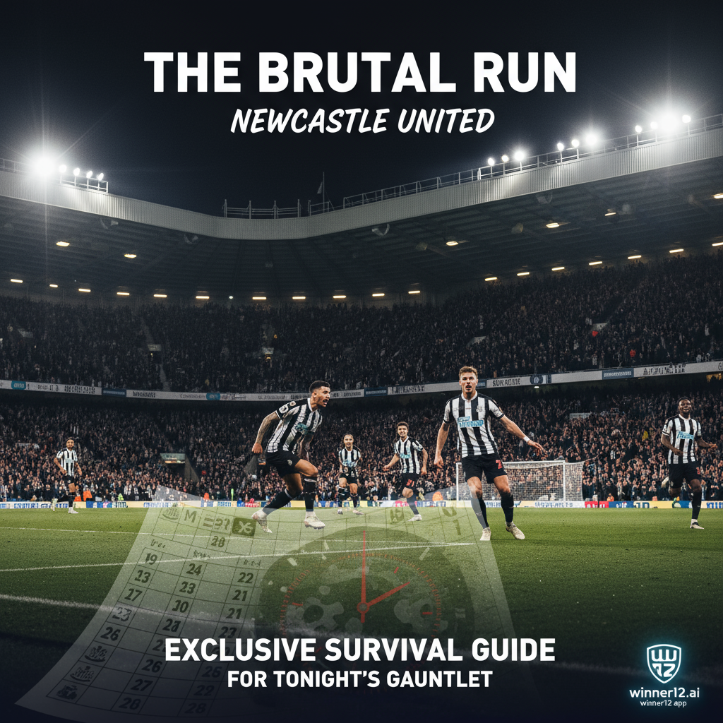 纽卡斯尔联足球场夜景海报，灯光照耀下球员专注比赛，黑白围巾球迷激情加油，突出紧张赛程和倒计时，包含“独家生存指南”行动号召及winner12.ai应用标志，展现坚韧与策略精神。