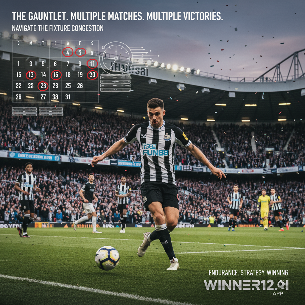 ALT text: Realistic poster of a crowded English Premier League soccer stadium filled with passionate fans during a busy Newcastle United fixture schedule. A focused Newcastle United player in authentic kit is captured mid-action, surrounded by dynamic match energy. Subtle overlays of a packed calendar and clock represent fixture congestion and strategic endurance. Winner12.ai branding is seamlessly integrated, highlighting football excitement and multiple winning chances.