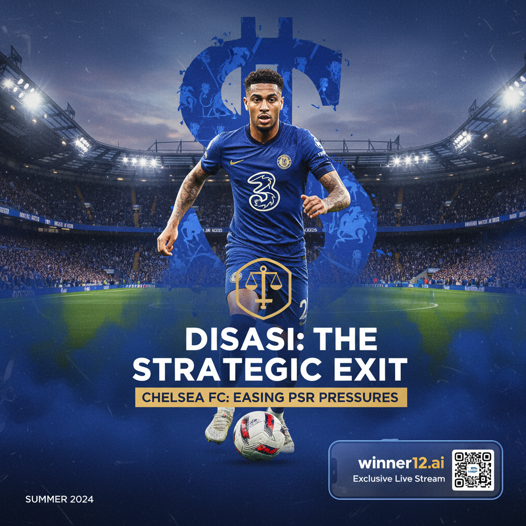 切尔西足球俱乐部主题海报，展示自信的迪萨西球员形象，蓝色球衣背景，专业足球场氛围，突出切尔西出售迪萨西缓解PSR财务压力，Winner12.ai独家足球赛事直播平台品牌标识。