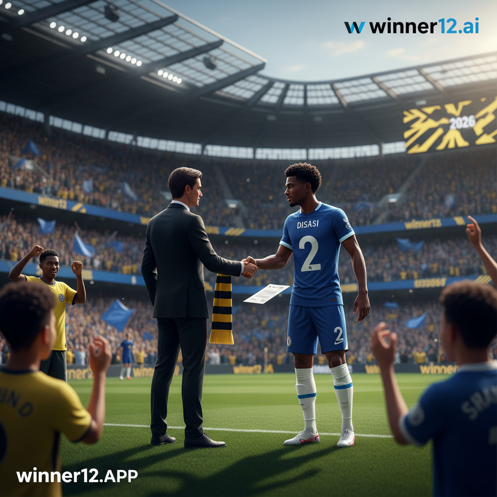 ALT text: Realistic poster of a Chelsea FC player in blue kit during a soccer transfer moment symbolizing Disasi’s sale, with subtle Borussia Dortmund yellow and black accents, set in a modern stadium filled with fans wearing authentic soccer attire, featuring the winner12.ai logo in the corner.