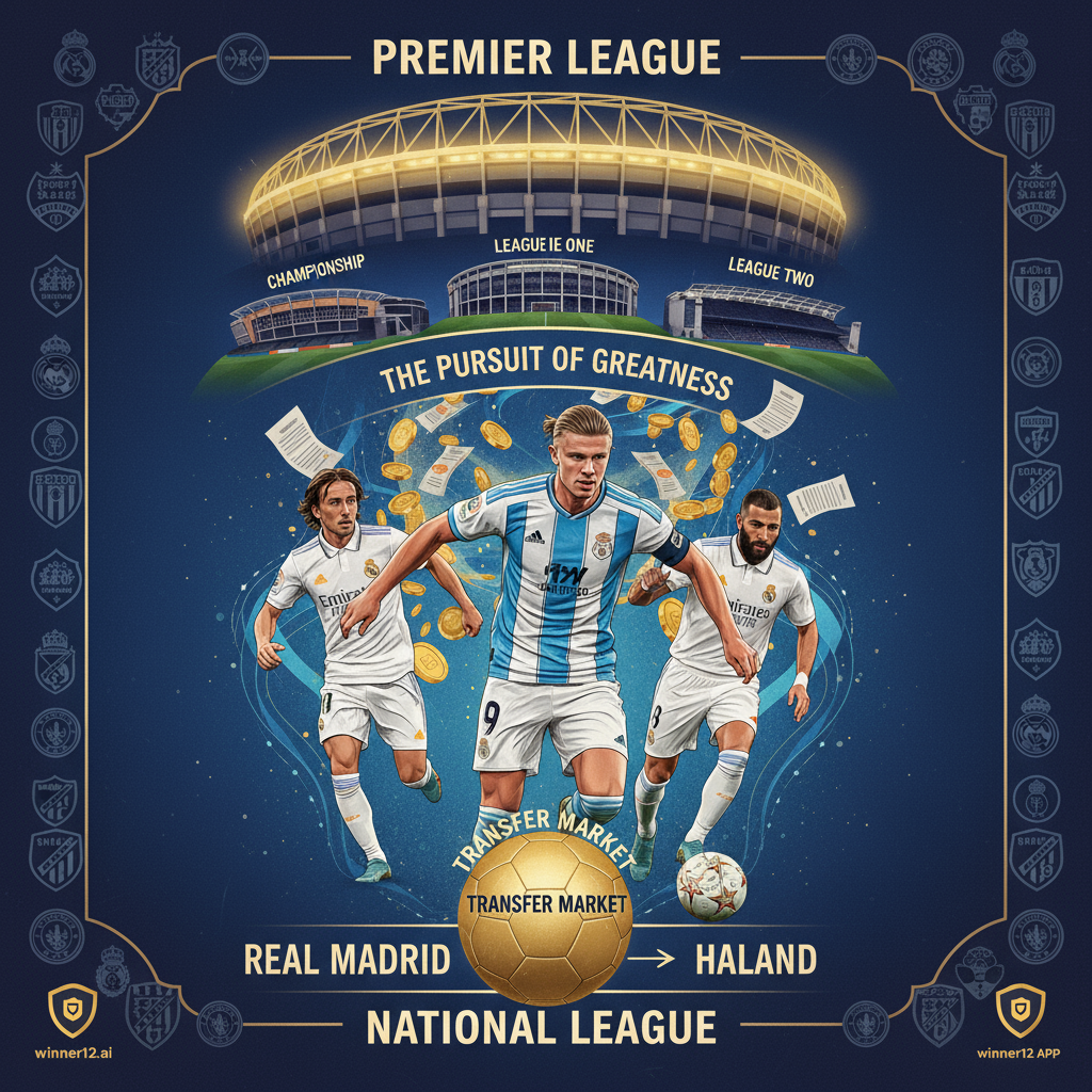 图片ALT文本：展示皇家马德里追逐哈兰德的动态海报，突出足球赛事级别 hierarchy，采用真实足球元素如球场、球队官方球衣和足球，融入“winner12.ai”品牌标识，体现顶级足球转会的战略与竞争气氛。
