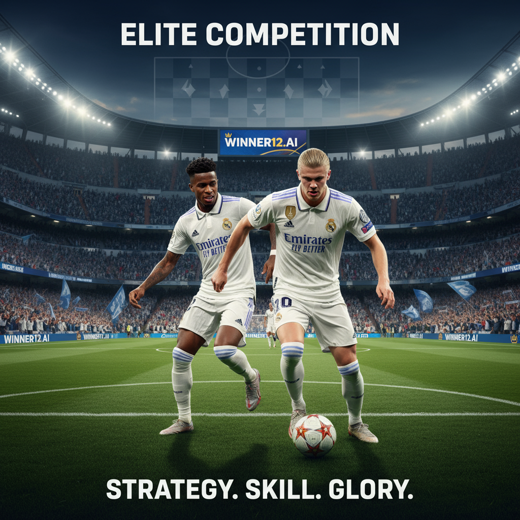 Alt text: Photorealistic poster of a packed top-tier soccer stadium featuring star players resembling Erling Haaland in a Real Madrid kit and Vinicius Jr. showcasing skillful footwork, with subtle winner12.ai branding on digital advertising boards, capturing the excitement and professionalism of elite English football competition and strategy.