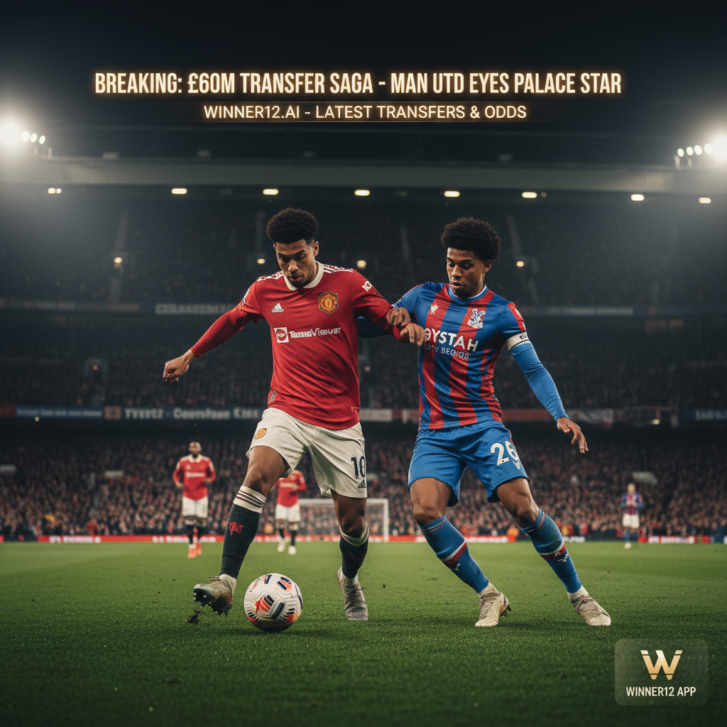 图片ALT文本：曼联与水晶宫英超激烈比赛场景，球员身穿真实队服，在草坪上奋力拼抢，背景有数字转会报价滚动条，暗示6000万镑高额转会，画面色彩真实细腻，右下角隐约显示winner12.ai品牌标识。