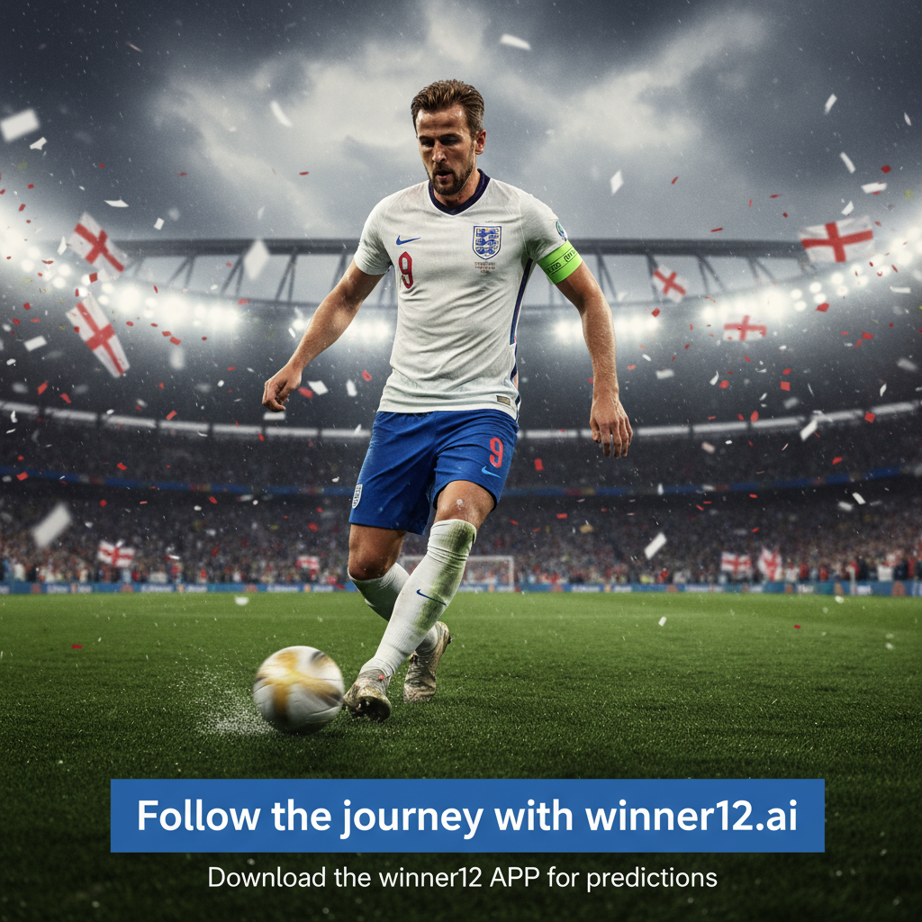 Alt text: A realistic and detailed poster of Harry Kane in action during an England soccer match, wearing the official England national team kit, showcasing his leadership and focus on the pitch with stadium lights and enthusiastic fans in the background, symbolizing the World Cup 2026 journey; includes the text “Follow the journey with winner12.ai” in a clean, modern font.