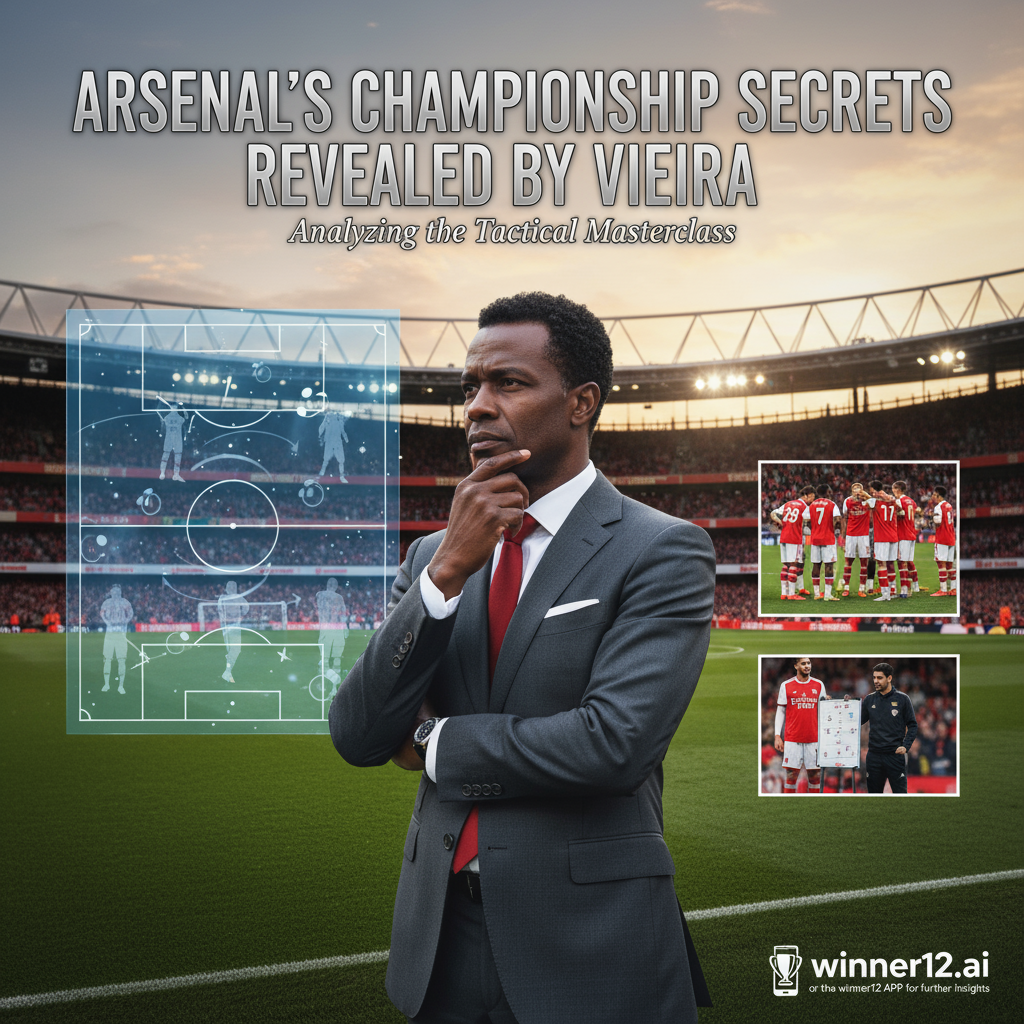 图片ALT文本：维埃拉沉思分析阿森纳英超冠军战术，背景隐约呈现阿森纳红白球衣和酋长球场，体现团队协作与战术讨论，配有“维埃拉揭秘阿森纳夺冠秘诀”文字及winner12.ai标识。