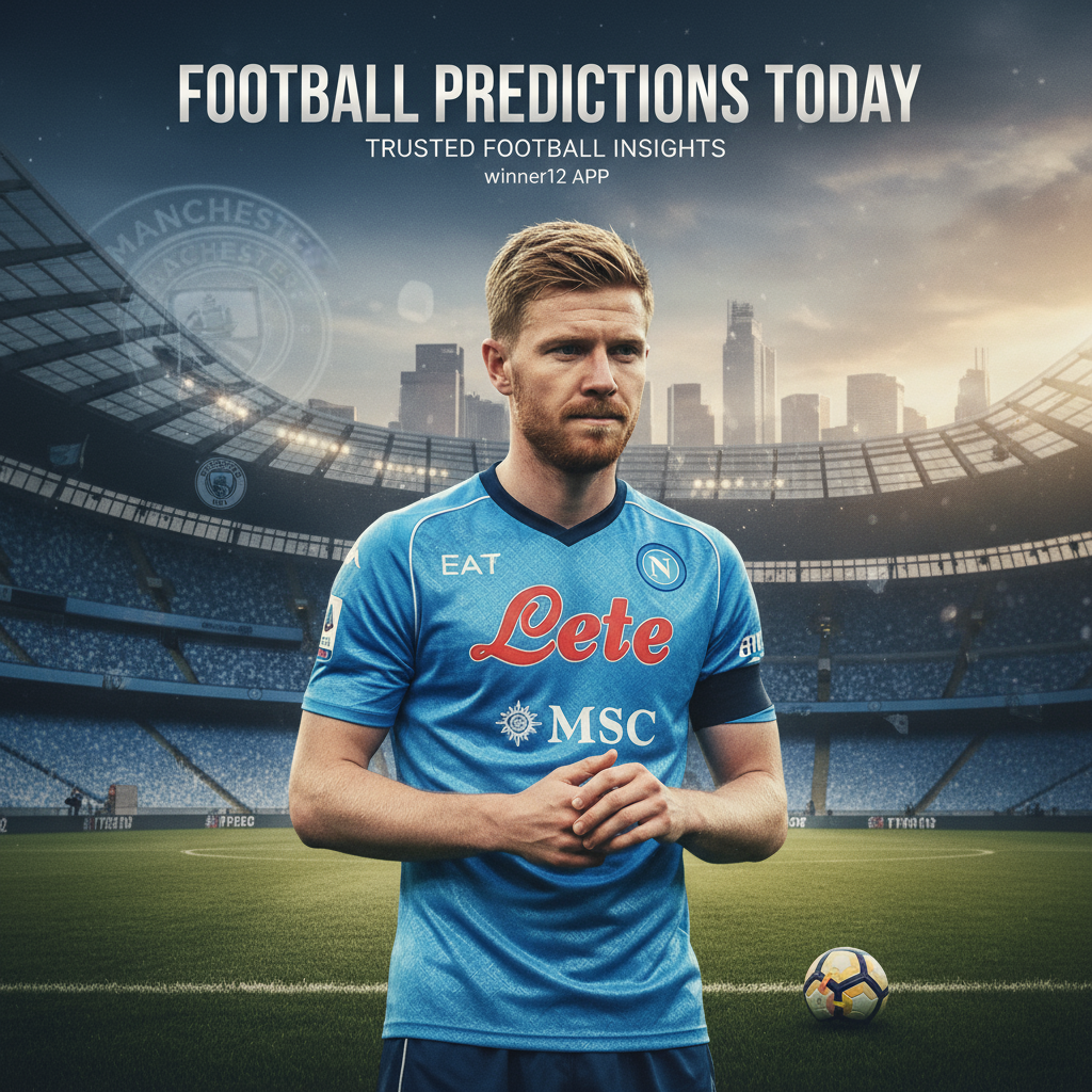 ALT text: Realistic poster of Kevin De Bruyne in a Napoli football kit showing determination and reflection, with subtle Manchester City elements in the background symbolizing regret, set in a professional English soccer stadium, featuring the text 