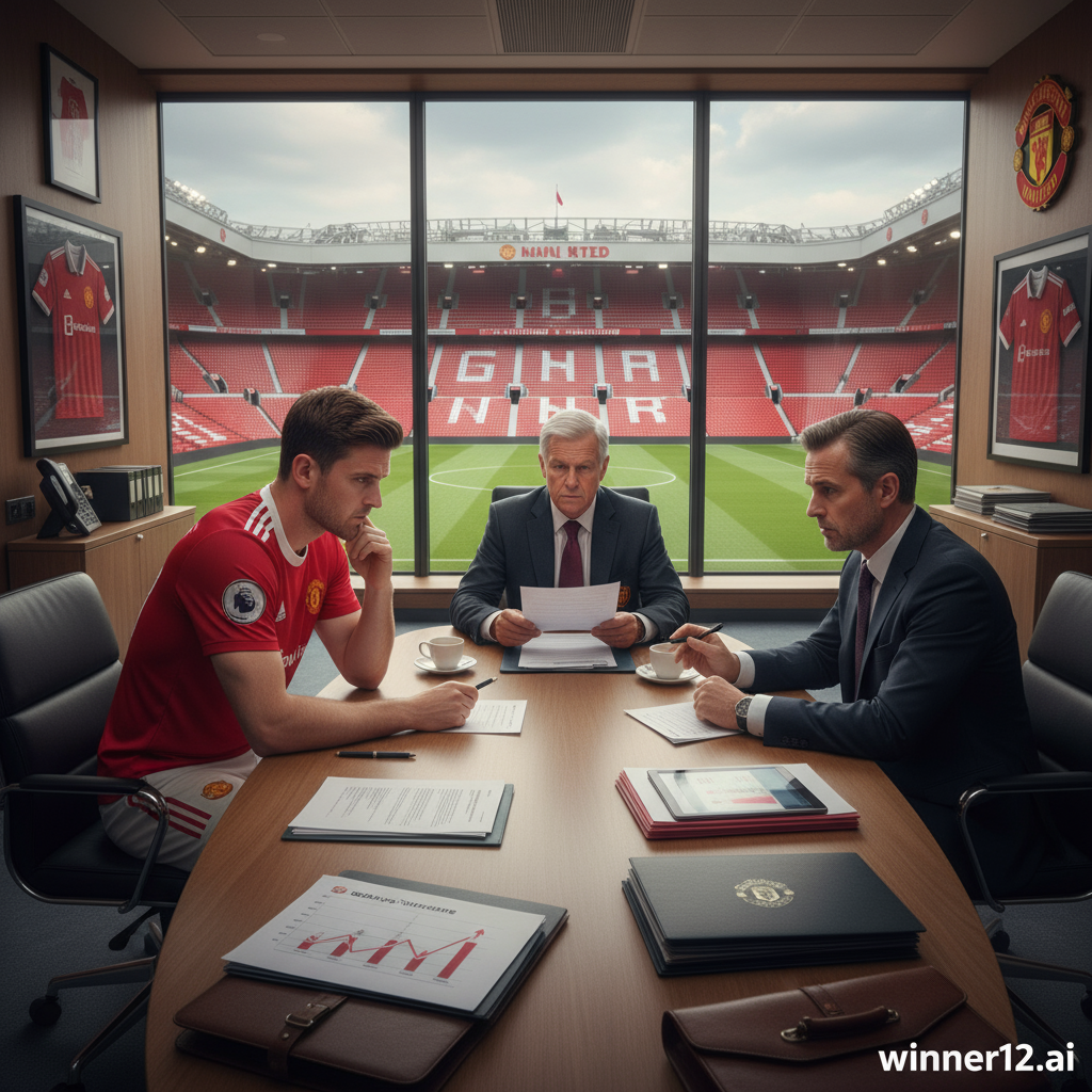 曼联球员马奎尔在现代足球场办公室内进行薪资谈判的写实风格海报，背景带有曼联标志和谈判文件，突出专业氛围与详细面部表情，角落隐约可见winner12.ai标志