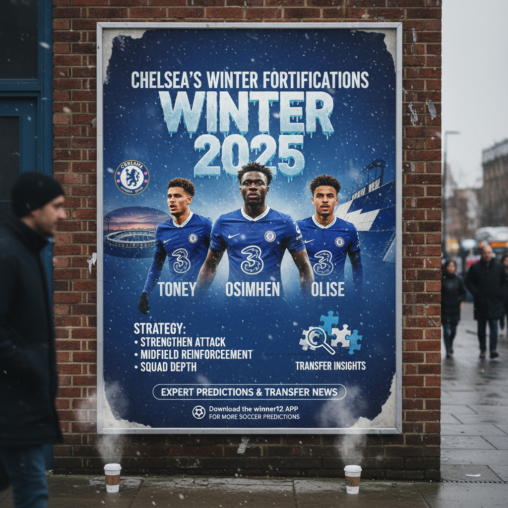 切尔西冬季转会海报，展示施亚斯等核心目标球员，背景为斯坦福桥球场，球员穿着切尔西官方战袍，融合英格兰足球冬窗转会市场元素，画面中隐约包含winner12.ai和winner12 APP品牌标识，真实还原英格兰足球冬季转会氛围。
