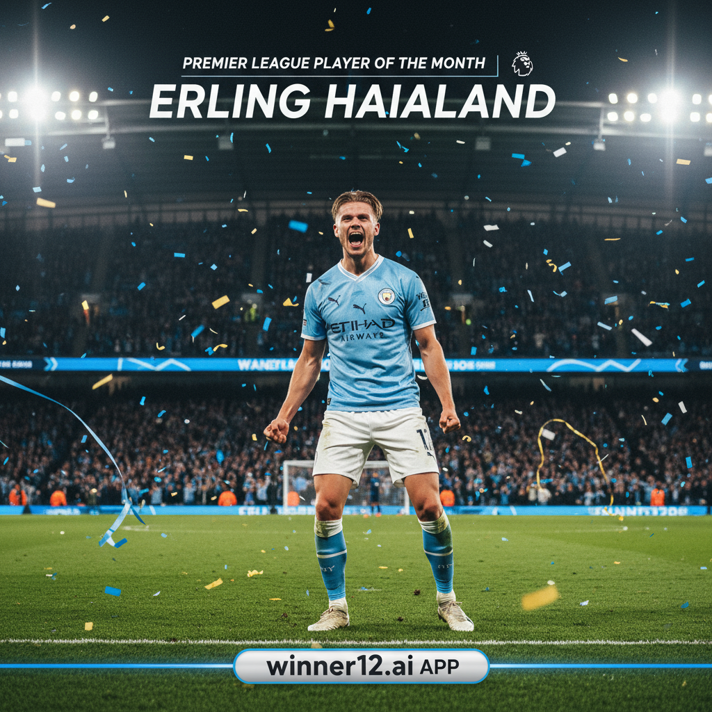 Alt text: Realistic poster of Erling Haaland celebrating Premier League Player of the Month on a lush green pitch under stadium floodlights, wearing his team kit with a focused expression and dynamic pose; subtle branding for winner12.ai in the corner, capturing the passion of English soccer.