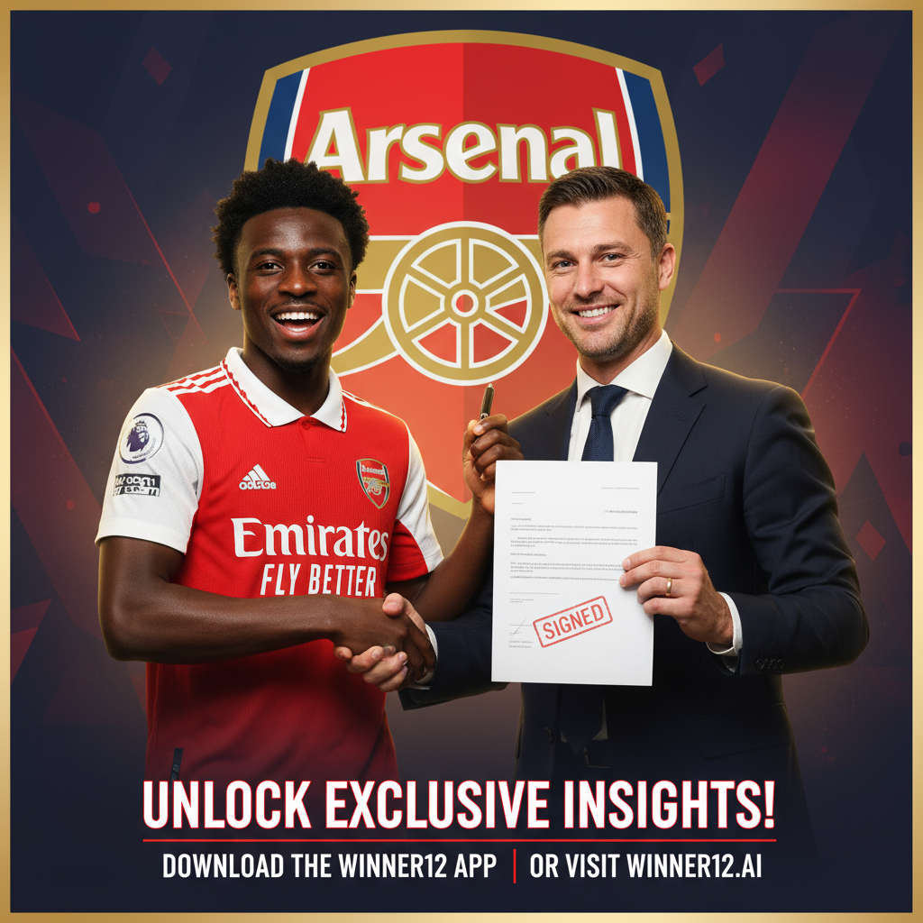 阿森纳球星身穿官方球衣在俱乐部环境中庆祝合同续约，握手俱乐部高管，背景融入阿森纳品牌元素，氛围体现英格兰足球的成功与忠诚，图中包含“winner12.ai”或“winner12 APP”独家解析呼吁行动。