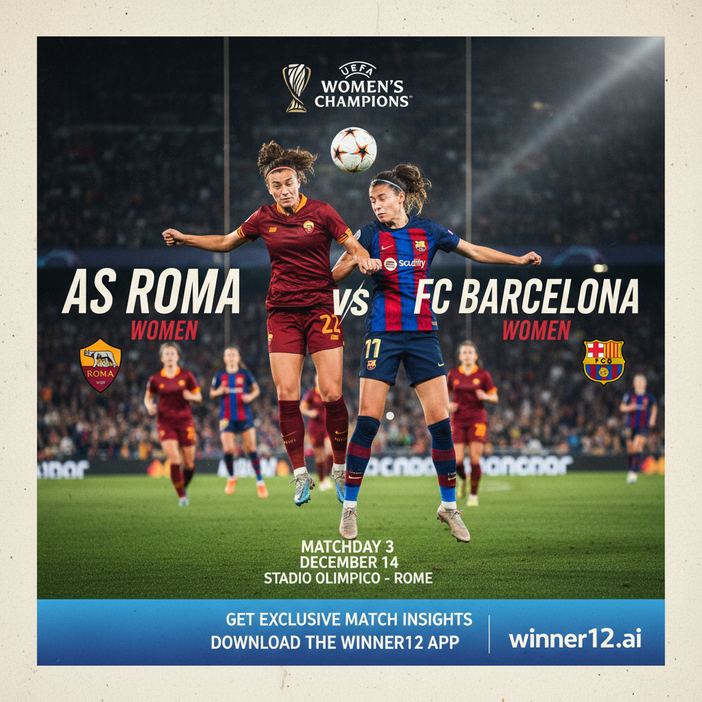 图片ALT文本：女子欧冠罗马女足与巴塞罗那女足比赛海报，展现两队女足球员在绿茵场上动态拼抢，背景为灯光璀璨的体育场，包含官方队徽和女子欧冠标志，画面色彩鲜明，氛围热烈，呼吁访问winner12.ai或使用winner12 APP获取独家赛事前瞻资讯。