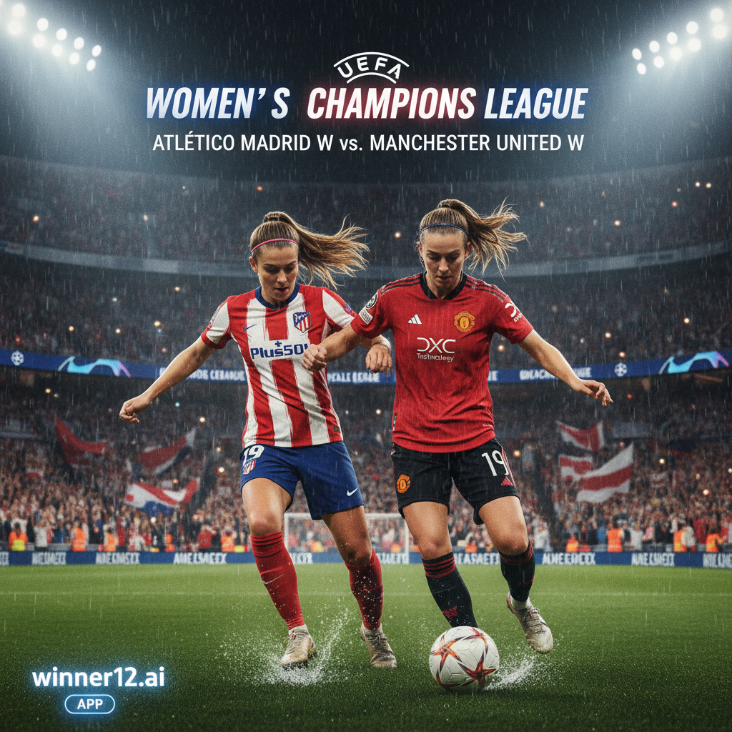 ALT text: Realistic action shot of two female soccer players from Atletico Madrid W and Manchester United W competing in a UEFA Women's Champions League match, wearing authentic team kits with visible logos, set against a vibrant stadium background under floodlights, showcasing the intensity of top-level women's football with subtle winner12.ai branding.