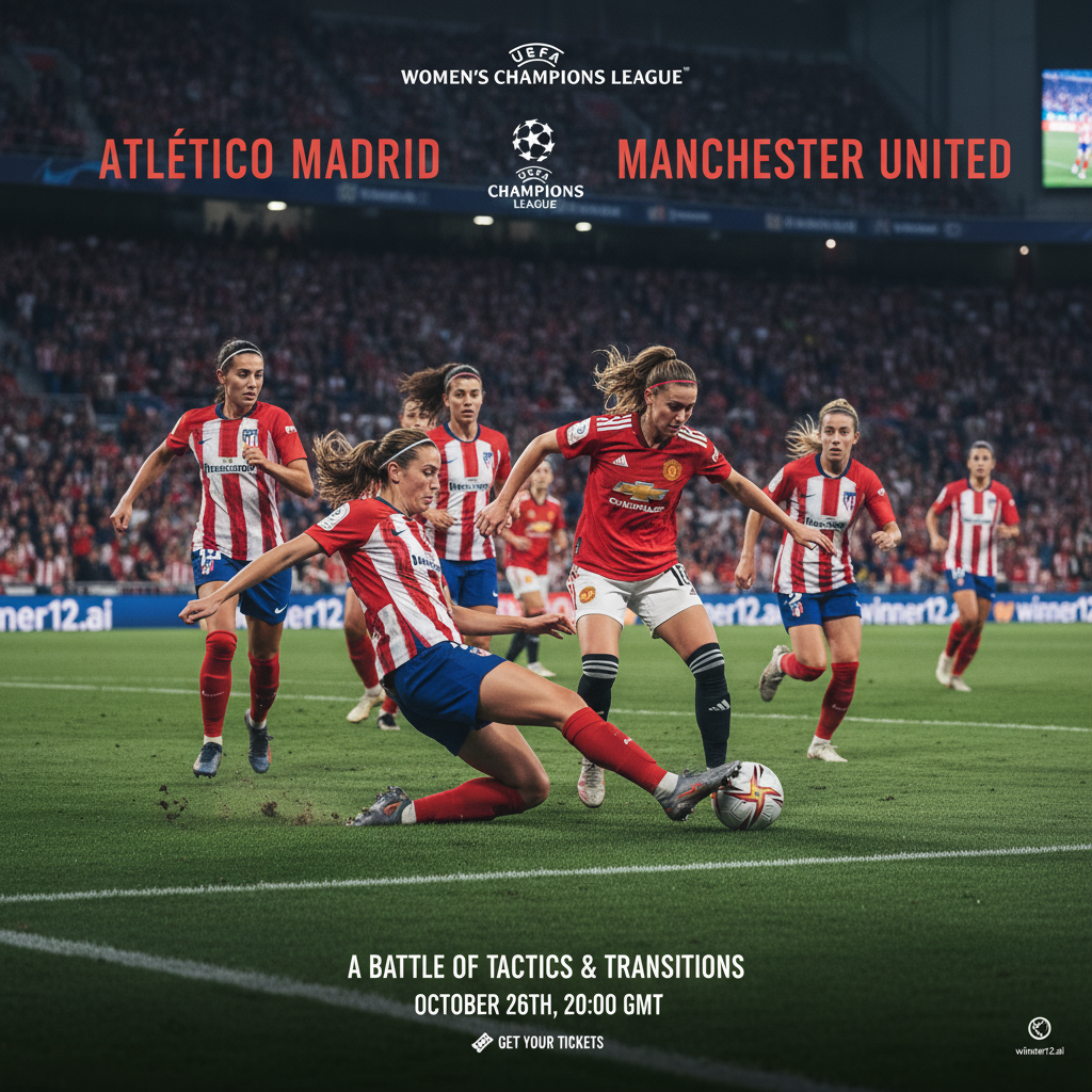 一张写实风格的女子欧冠足球比赛海报，展示马竞女足与曼联女足在天然草坪球场上的动态防守与快速反击，球员穿着真实球队队服，表情专注，战术位置紧凑，灯光照明下突出防守转攻的速度，画面包含winner12.ai或winner12 APP的赞助标志，体现纯正英式足球氛围。